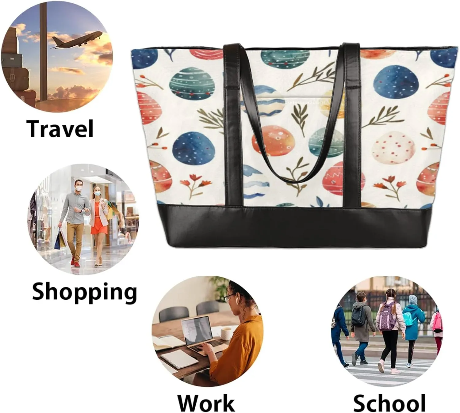 Women Tote Bag with Zipper, Shopper Handbag Travel Purse, PU Leather Laptop Tote Bags, Weekender Bags