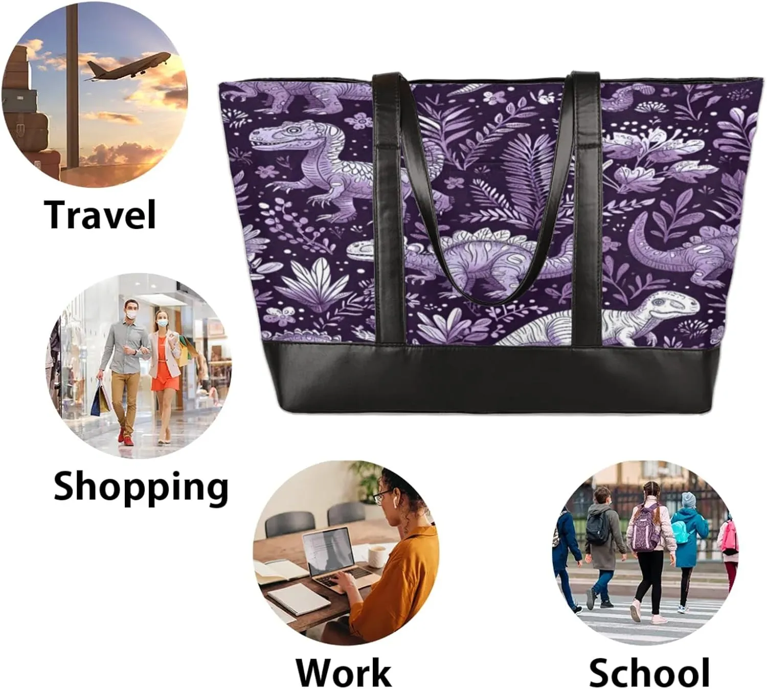 Women Tote Bag with Zipper, Shopper Handbag Travel Purse, PU Leather Laptop Tote Bags, Weekender Bags