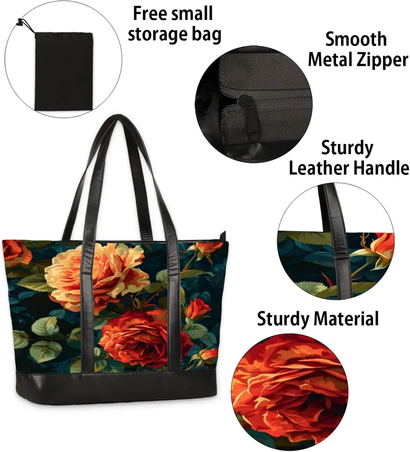Women Tote Bag with Zipper, Shopper Handbag Travel Purse, PU Leather Laptop Tote Bags, Weekender Bags