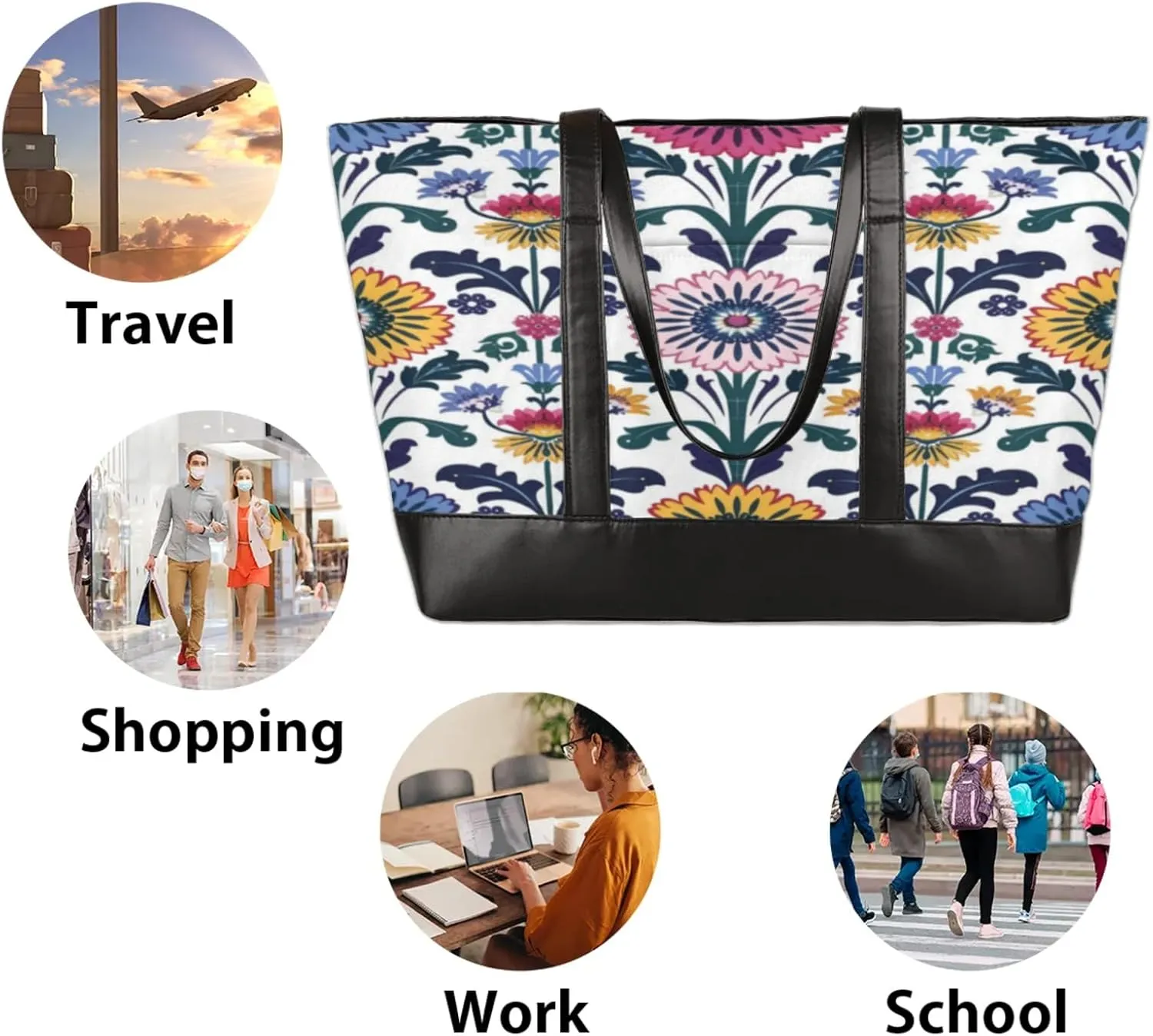 Women Tote Bag with Zipper, Shopper Handbag Travel Purse, PU Leather Laptop Tote Bags, Weekender Bags