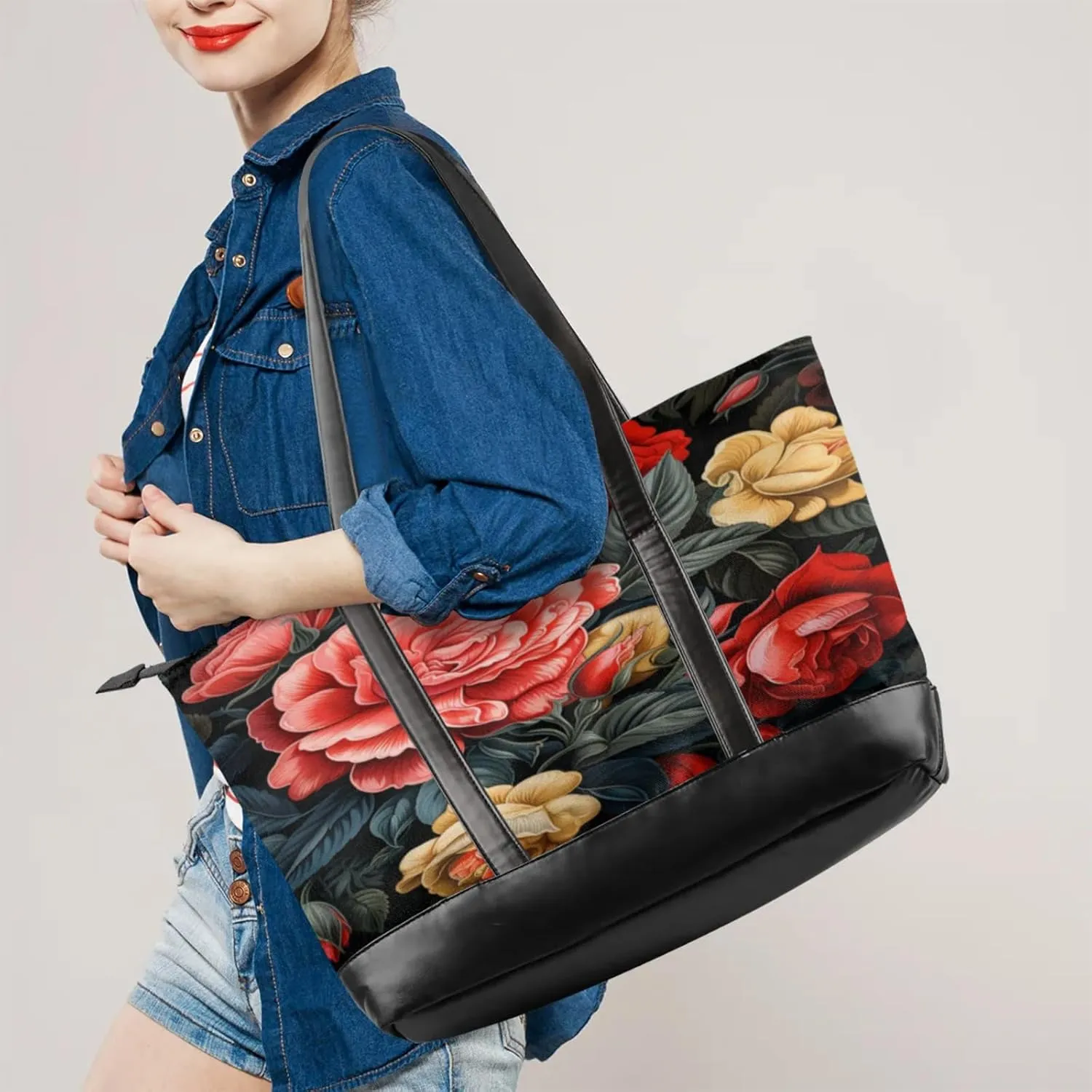 Women Tote Bag with Zipper, Shopper Handbag Travel Purse, PU Leather Laptop Tote Bags, Weekender Bags