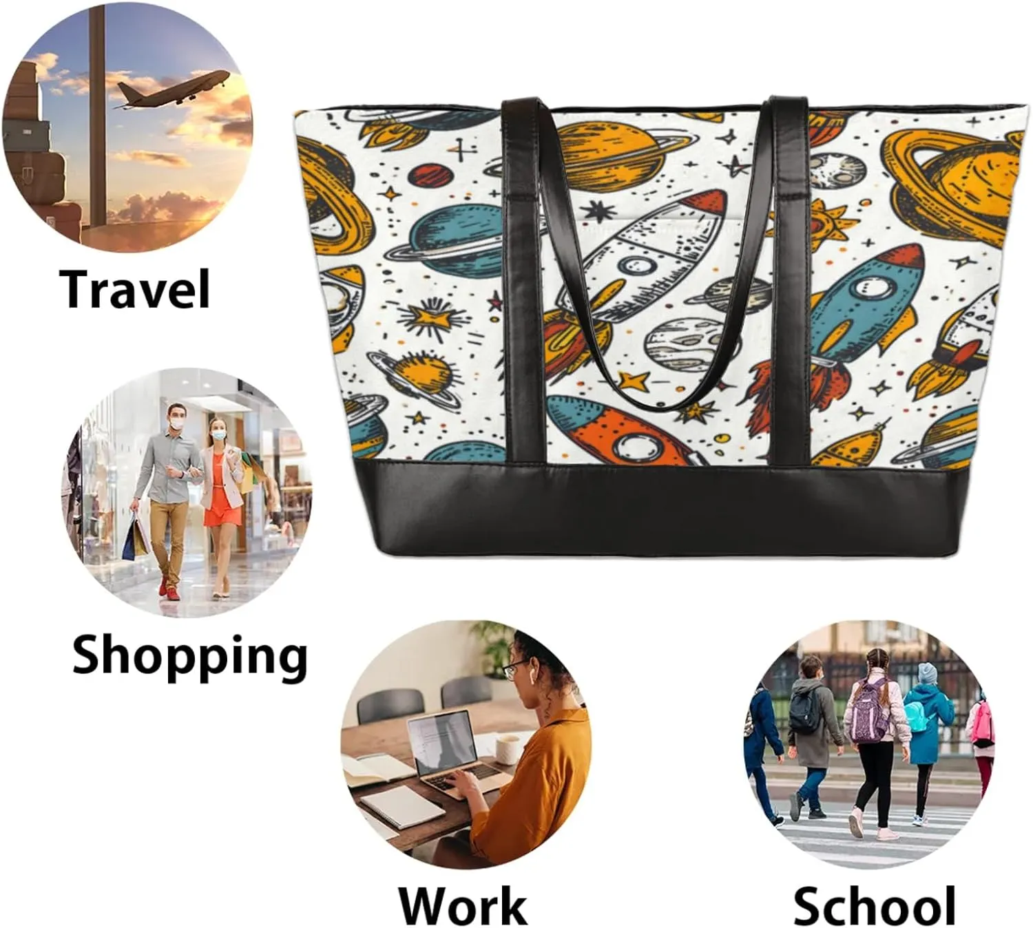 Women Tote Bag with Zipper, Shopper Handbag Travel Purse, PU Leather Laptop Tote Bags, Weekender Bags