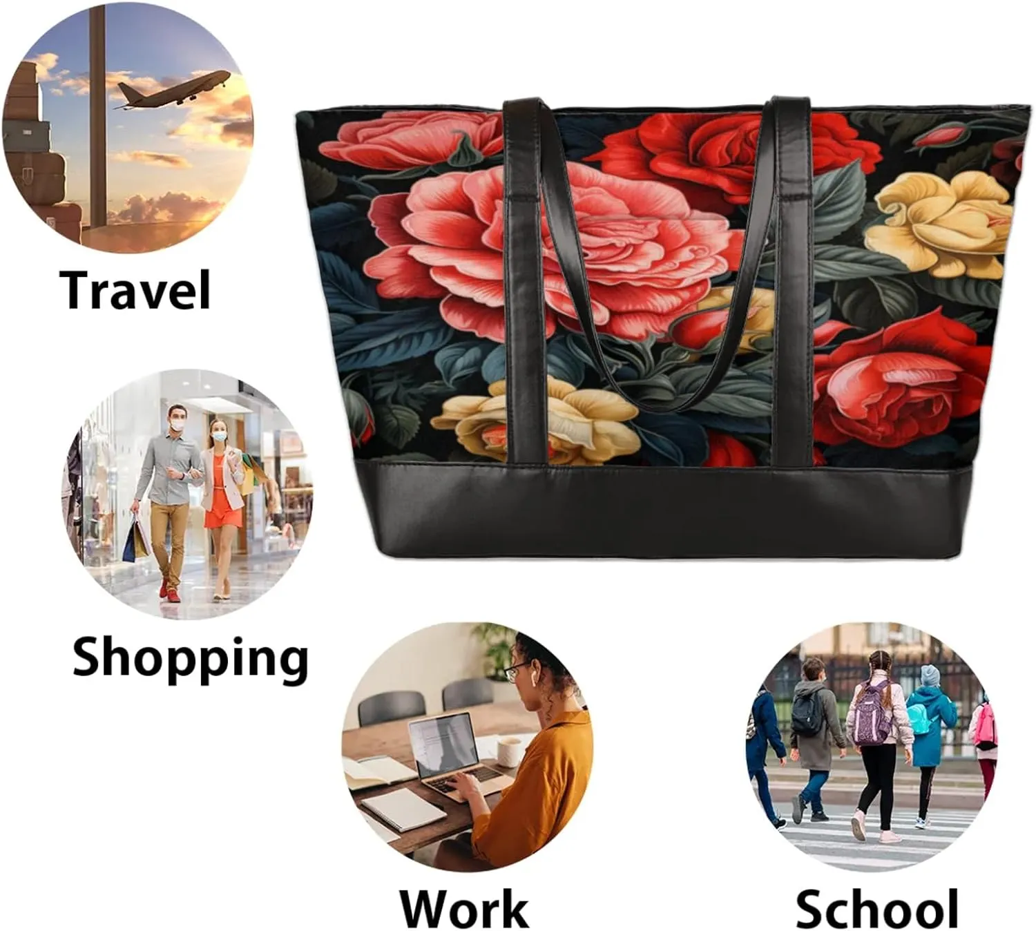 Women Tote Bag with Zipper, Shopper Handbag Travel Purse, PU Leather Laptop Tote Bags, Weekender Bags