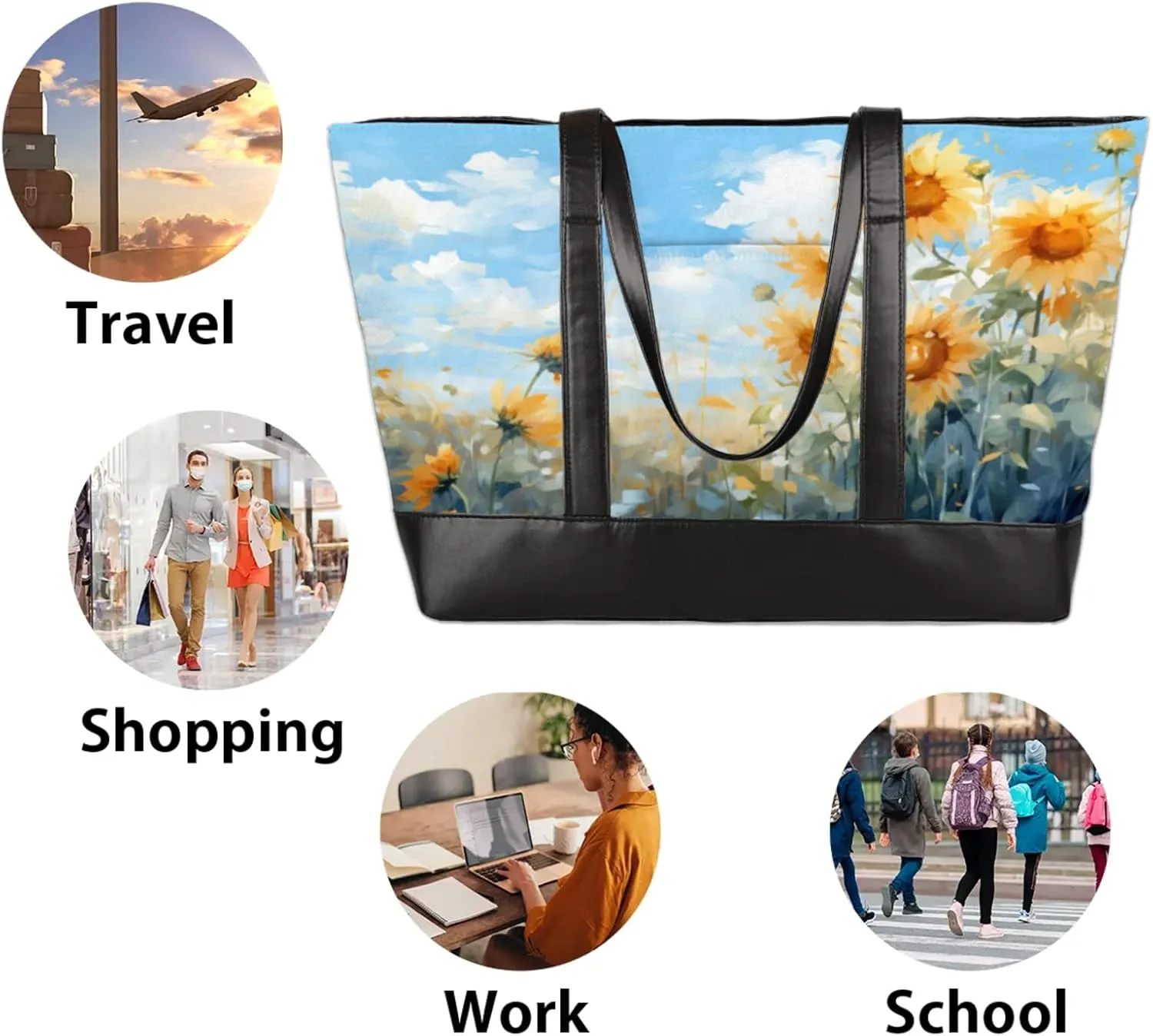 Women Tote Bag with Zipper, Shopper Handbag Travel Purse, PU Leather Laptop Tote Bags, Weekender Bags