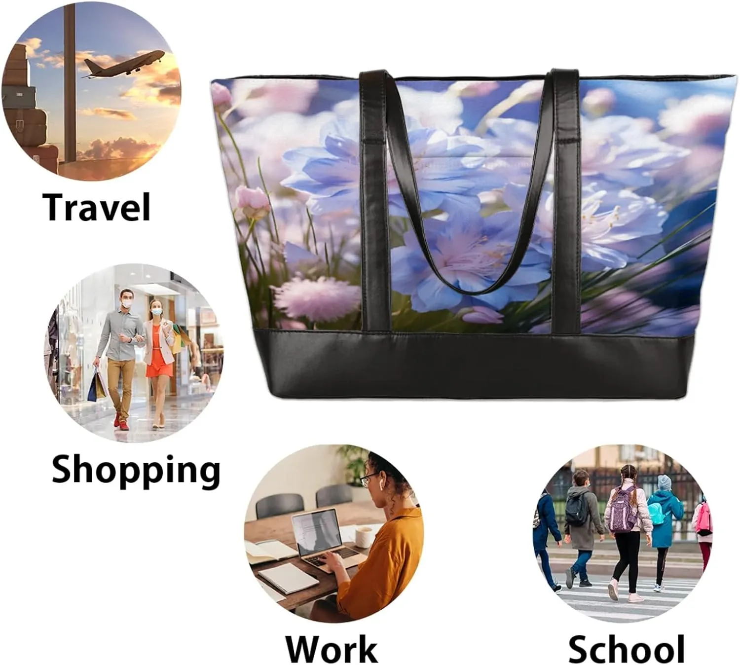 Women Tote Bag with Zipper, Shopper Handbag Travel Purse, PU Leather Laptop Tote Bags, Weekender Bags