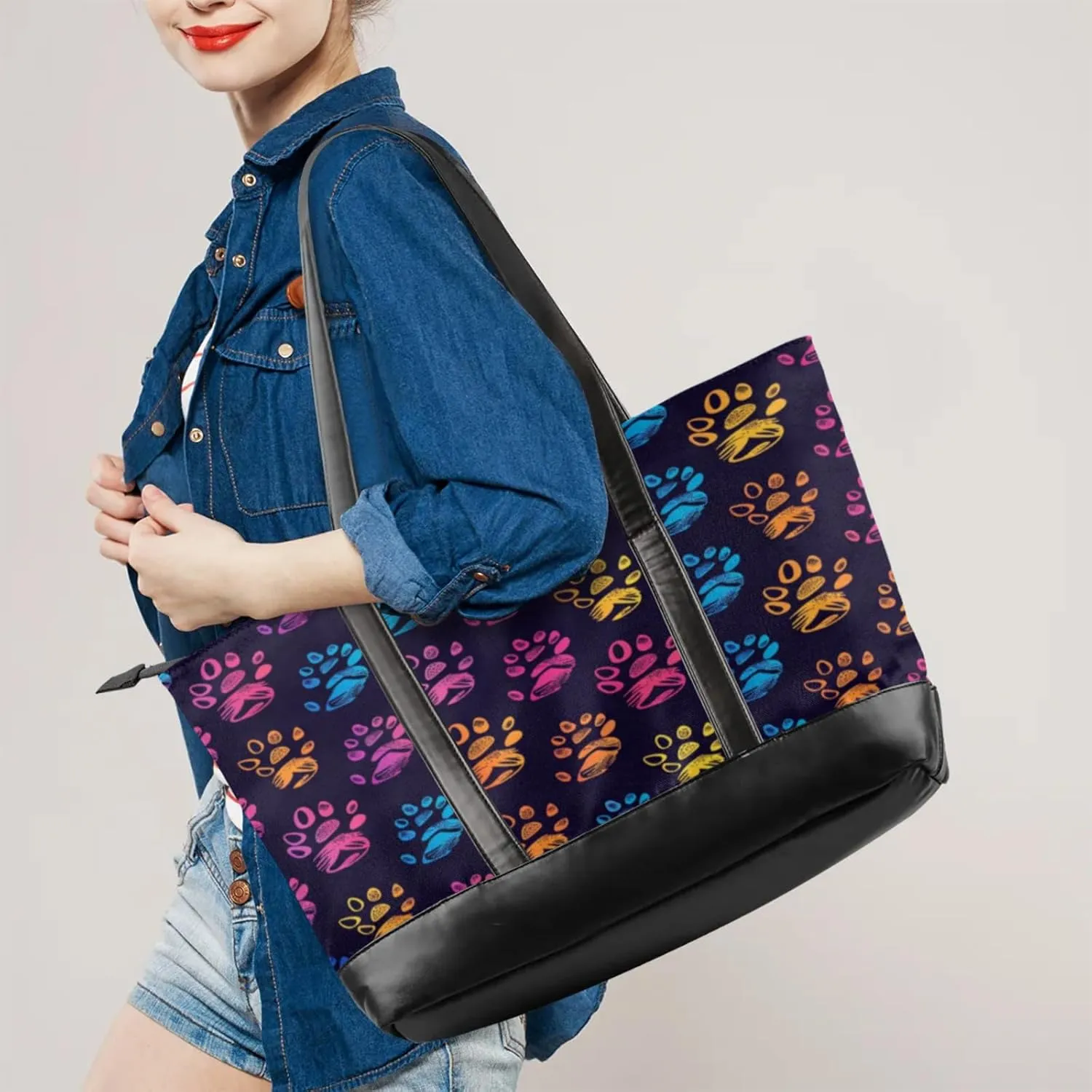 Women Tote Bag with Zipper, Shopper Handbag Travel Purse, PU Leather Laptop Tote Bags, Weekender Bags