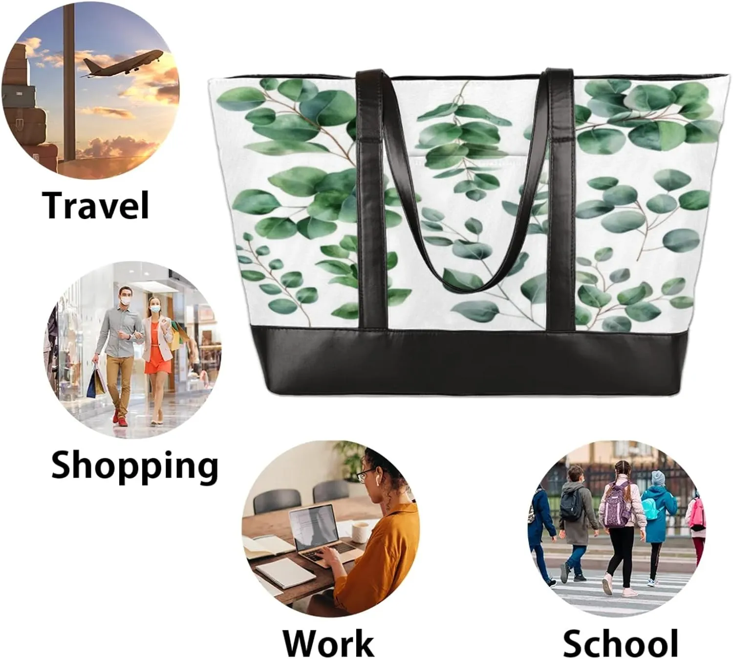 Women Tote Bag with Zipper, Shopper Handbag Travel Purse, PU Leather Laptop Tote Bags, Weekender Bags
