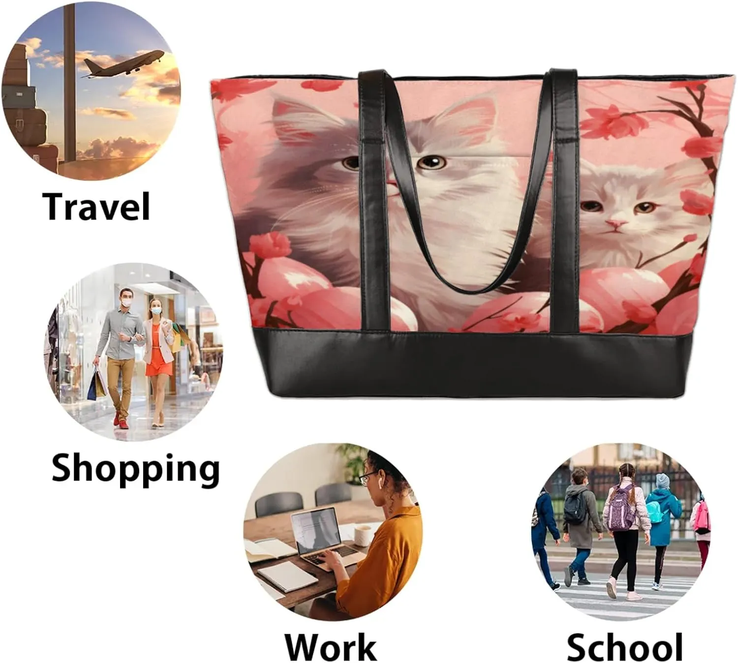 Women Tote Bag with Zipper, Shopper Handbag Travel Purse, PU Leather Laptop Tote Bags, Weekender Bags