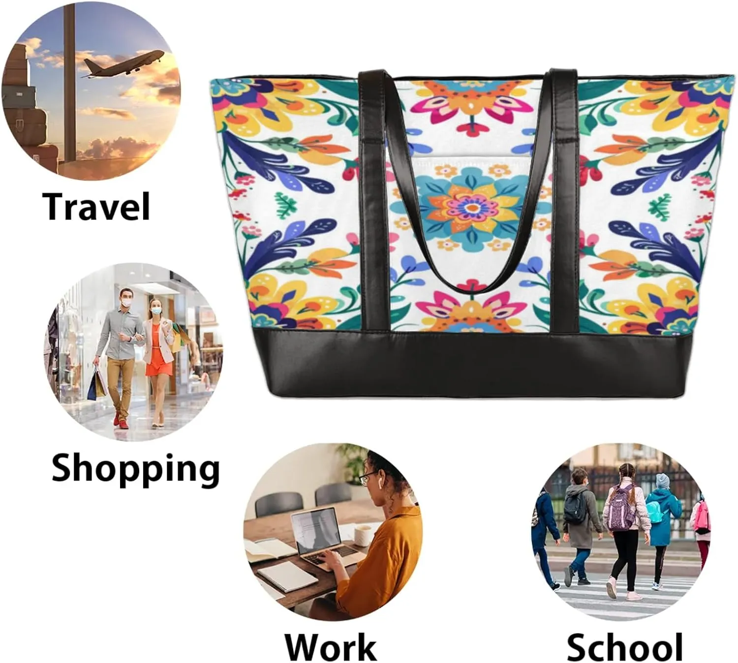 Women Tote Bag with Zipper, Shopper Handbag Travel Purse, PU Leather Laptop Tote Bags, Weekender Bags