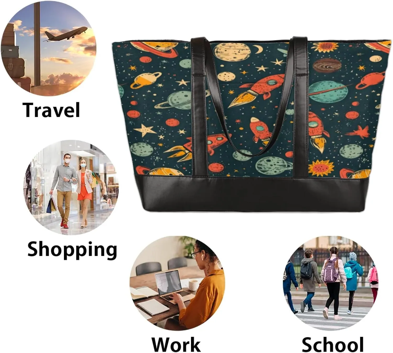 Women Tote Bag with Zipper, Shopper Handbag Travel Purse, PU Leather Laptop Tote Bags, Weekender Bags