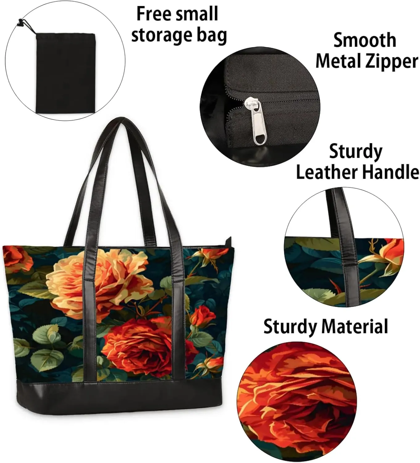 Women Tote Bag with Zipper, Shopper Handbag Travel Purse, PU Leather Laptop Tote Bags, Weekender Bags