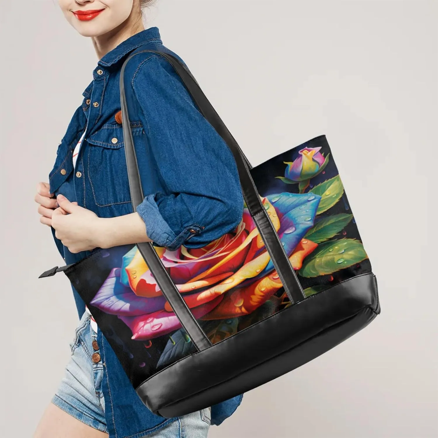 Women Tote Bag with Zipper, Shopper Handbag Travel Purse, PU Leather Laptop Tote Bags, Weekender Bags