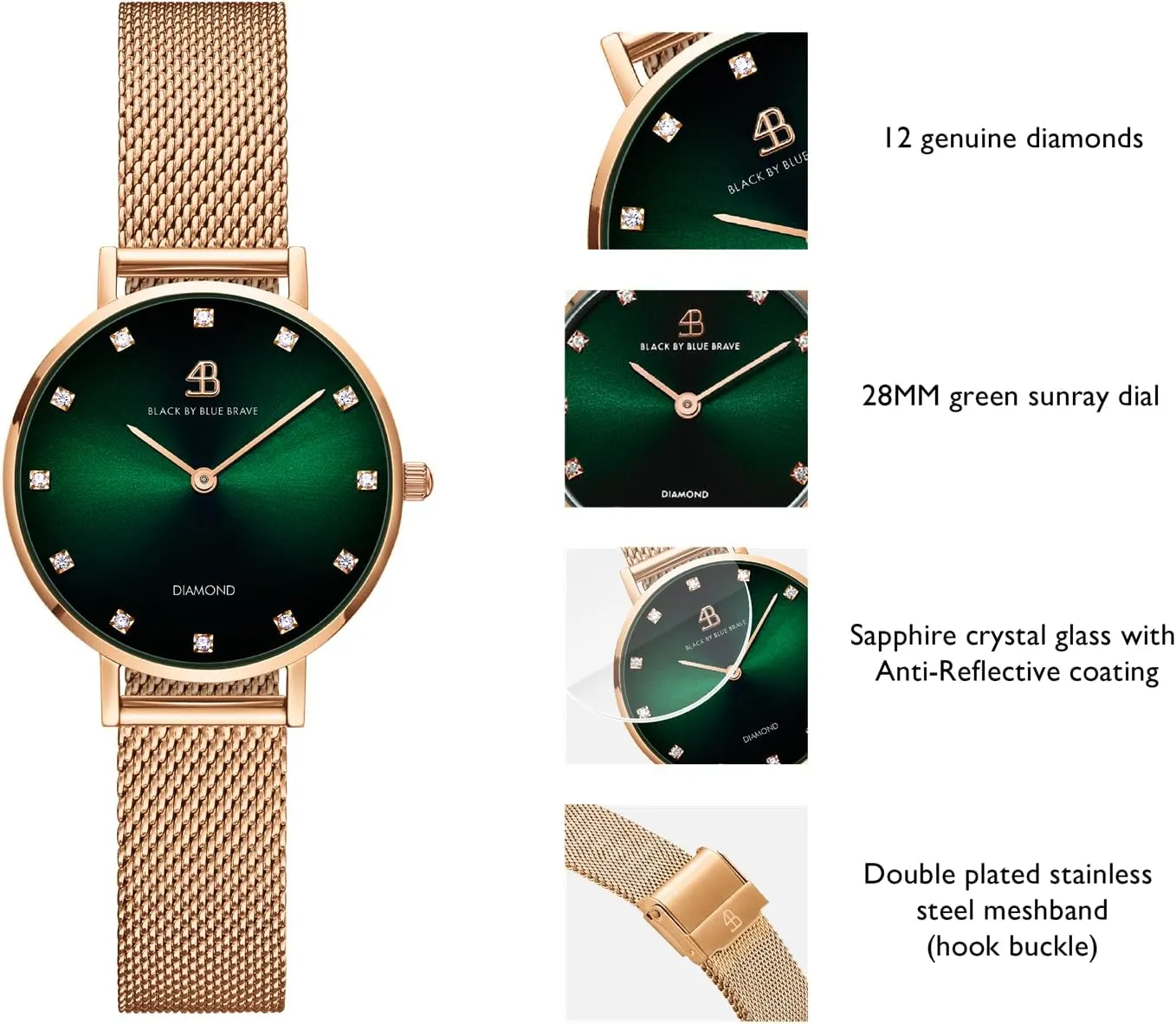 Women Watches 12 Genuine Diamond Markers 28mm with Rose Gold Mesh Band Diamond in The Hand Womens Watches