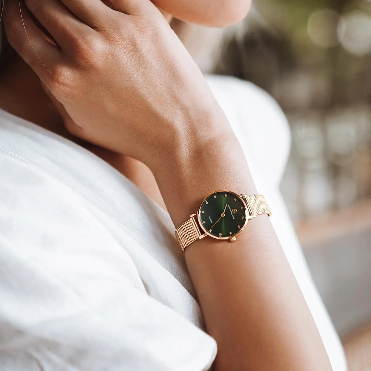 Women Watches 12 Genuine Diamond Markers 28mm with Rose Gold Mesh Band Diamond in The Hand Womens Watches