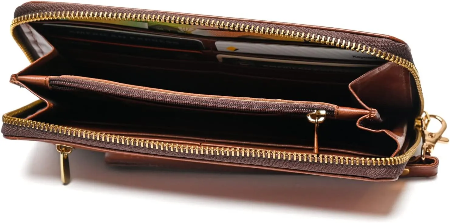Women's Genuine Leather Large Wallet RFID Block Black Brown Chestnut Ladies Purse Clutch, CHESTNUT, RFID Safe Zip Closure Slim Genuine Leather Wallet Clutch Purse