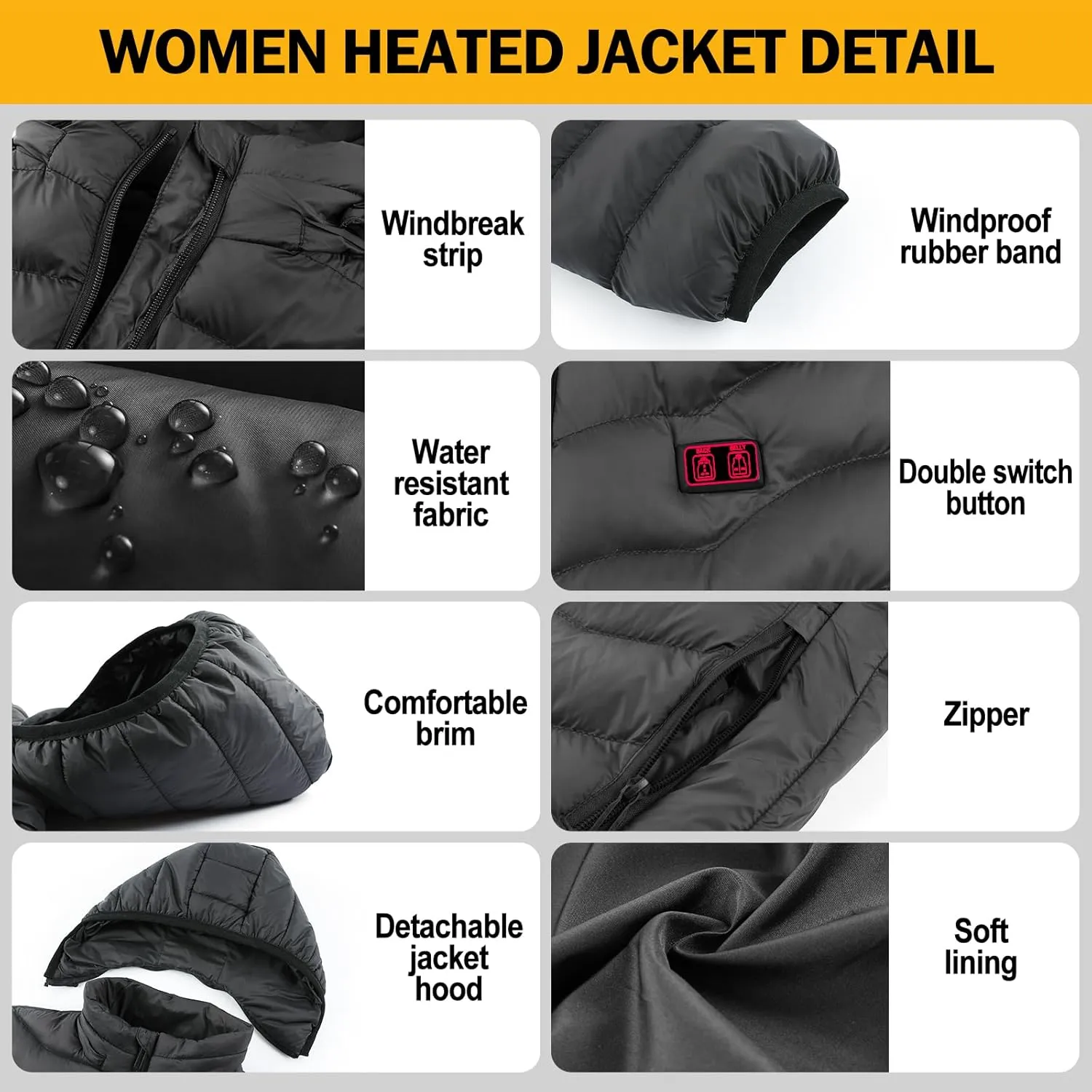 Women's Heated Quilted Coat, 9 Heat Zones, 2 Batteries, Black, Modern Style, Straight Fit, Hooded, Water Resistant