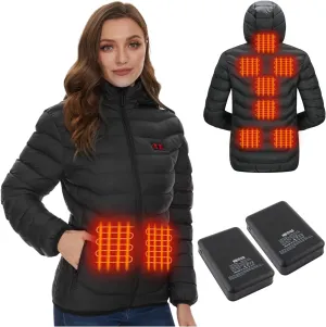 Women's Heated Quilted Coat, 9 Heat Zones, 2 Batteries, Black, Modern Style, Straight Fit, Hooded, Water Resistant