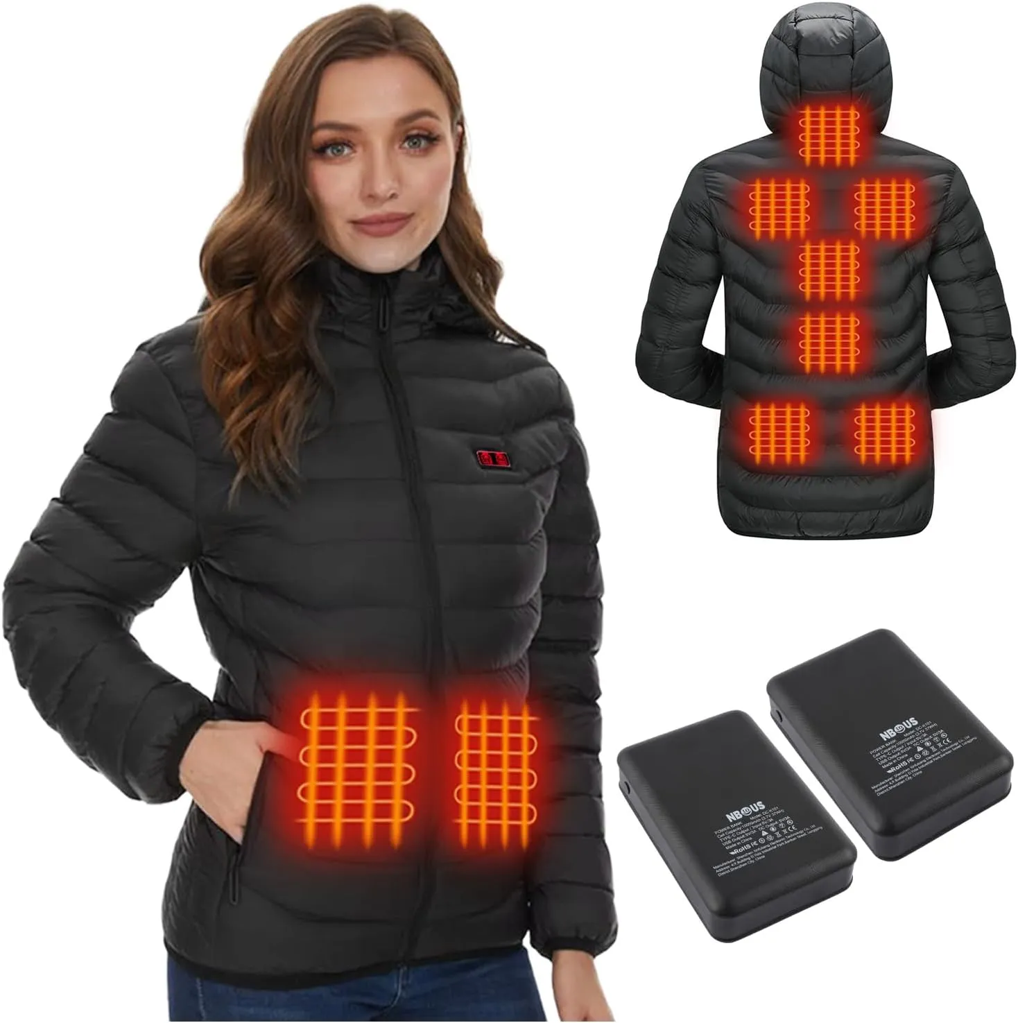Women's Heated Quilted Coat, 9 Heat Zones, 2 Batteries, Black, Modern Style, Straight Fit, Hooded, Water Resistant