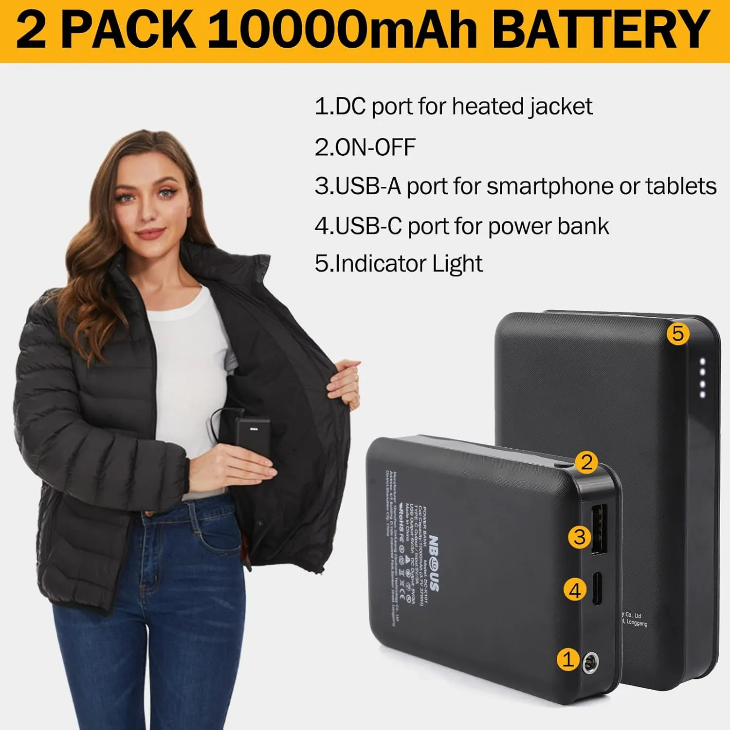 Women's Heated Quilted Coat, 9 Heat Zones, 2 Batteries, Black, Modern Style, Straight Fit, Hooded, Water Resistant