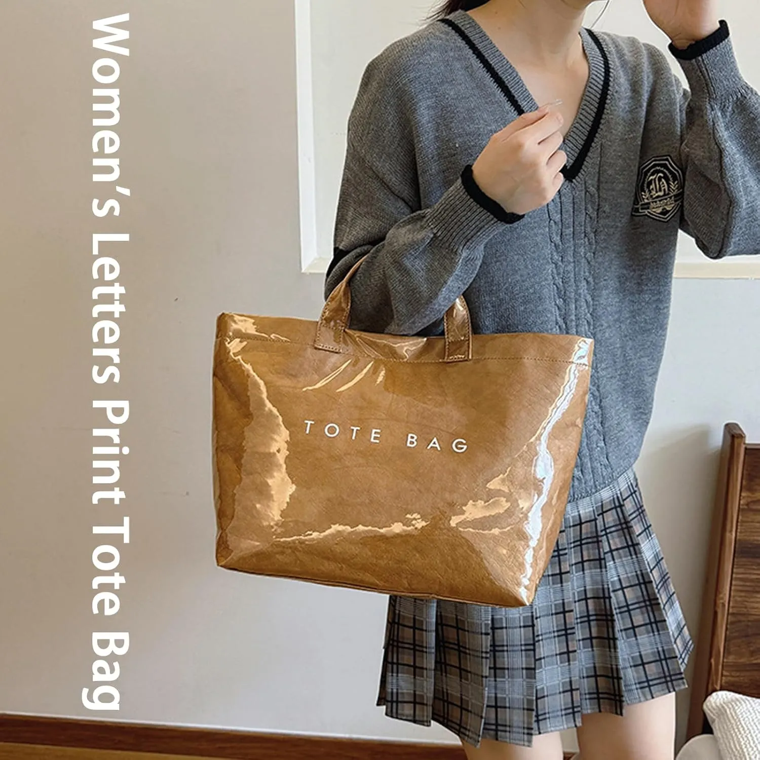 Women's Letters Print Tote Bag, PVC Tote Bags for Women Large, Large Kraft Paper Tote Bag, Waterproof Shoulder Bag