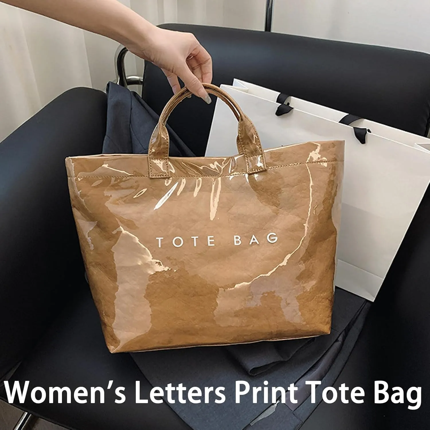 Women's Letters Print Tote Bag, PVC Tote Bags for Women Large, Large Kraft Paper Tote Bag, Waterproof Shoulder Bag