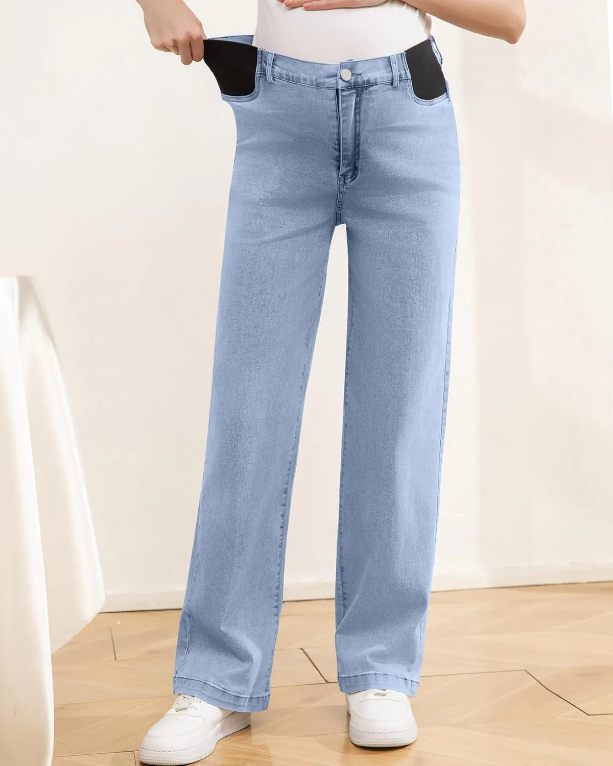 Women's Maternity Jeans Mid-Rise Straight Leg Relaxed Fit Denim Pants for Pregnancy and Postpartum