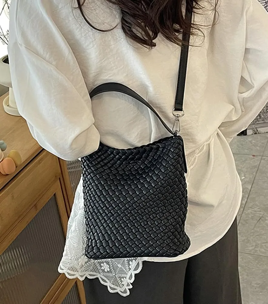 Woven Crossbody Purse Clutch for Women Trendy Woven Tote Bags Shoulder Hobo Bag Satchel Mini PU Leather Top-Handle Handbag