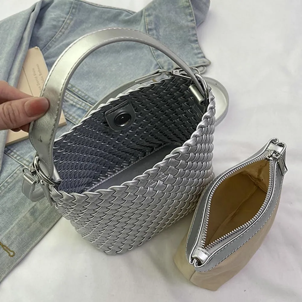 Woven Crossbody Purse Clutch for Women Trendy Woven Tote Bags Shoulder Hobo Bag Satchel Mini PU Leather Top-Handle Handbag