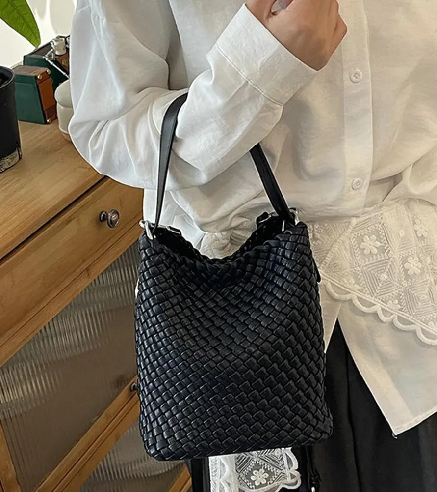 Woven Crossbody Purse Clutch for Women Trendy Woven Tote Bags Shoulder Hobo Bag Satchel Mini PU Leather Top-Handle Handbag