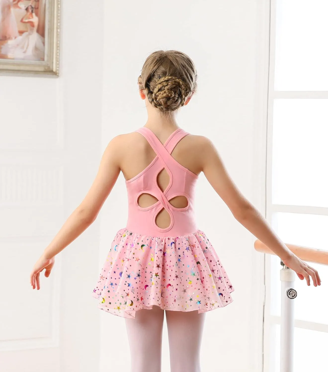 WYHDY Girls Ballet Leotards for Dance Camisole Dress Hollow Crisscross Back,Shiny Skirt