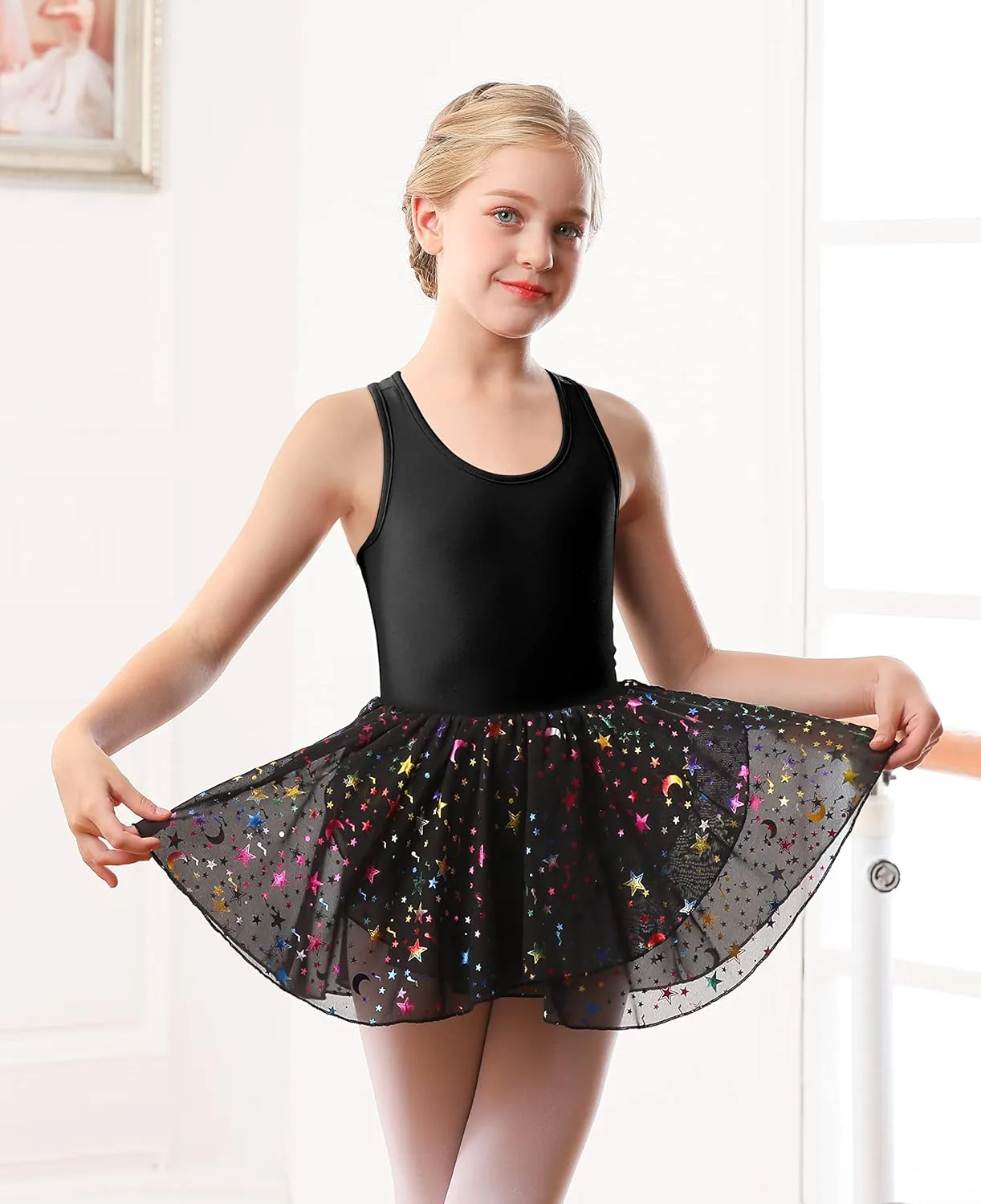 WYHDY Girls Ballet Leotards for Dance Camisole Dress Hollow Crisscross Back,Shiny Skirt