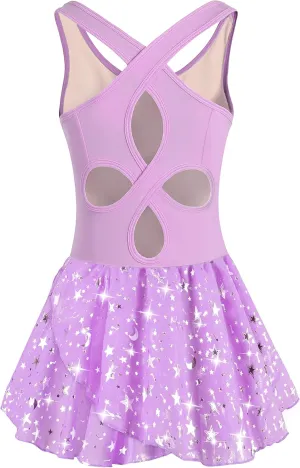 WYHDY Girls Ballet Leotards for Dance Camisole Dress Hollow Crisscross Back,Shiny Skirt