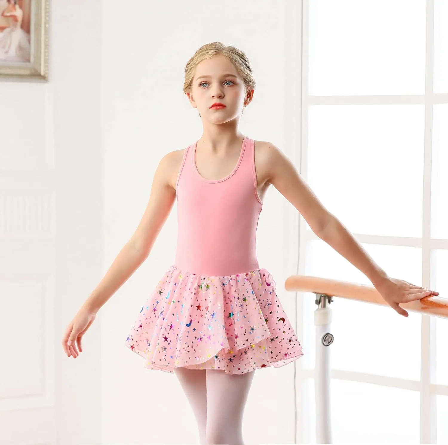 WYHDY Girls Ballet Leotards for Dance Camisole Dress Hollow Crisscross Back,Shiny Skirt