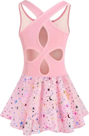 WYHDY Girls Ballet Leotards for Dance Camisole Dress Hollow Crisscross Back,Shiny Skirt