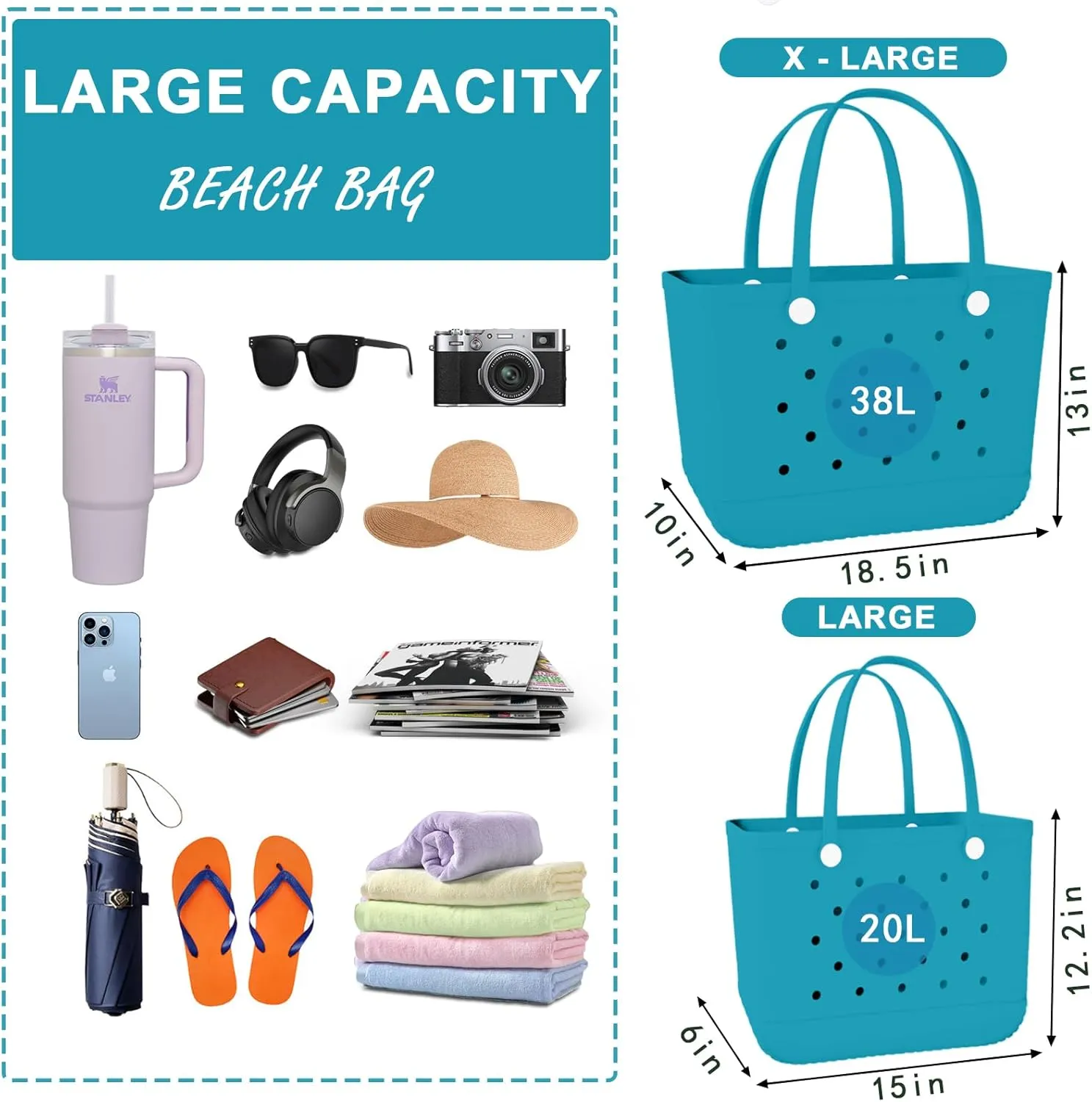 X-Large Rubber Beach Bag Tote Waterproof Tote Bag with Zipper Pocket Modern Travel Tote Bag Sports Beach