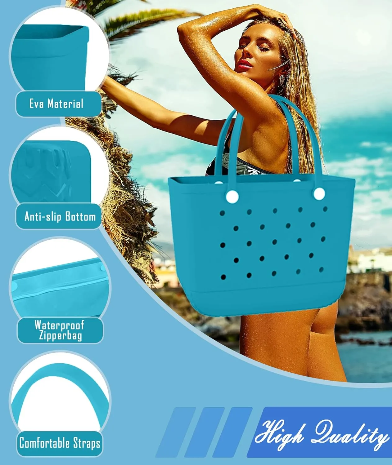 X-Large Rubber Beach Bag Tote Waterproof Tote Bag with Zipper Pocket Modern Travel Tote Bag Sports Beach