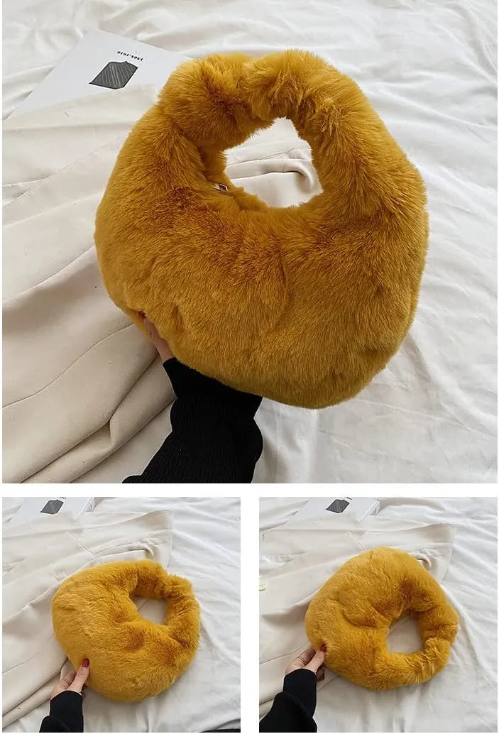 XPONNI Fuzzy Dumpling Bags, Cute Fluffy Y2k Handbags, Soft Knotted Faux Fur Bags with Zipper