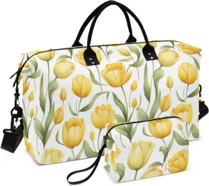 Yellow Floral Travel Duffle Bag Duffel Bags Large Weekender Bag Carry On Duffel Bag Gym Bag with Toiletry Bag Garment Duffle Bags for Airplanes Women Men Yoga Sports Ttrip Adults