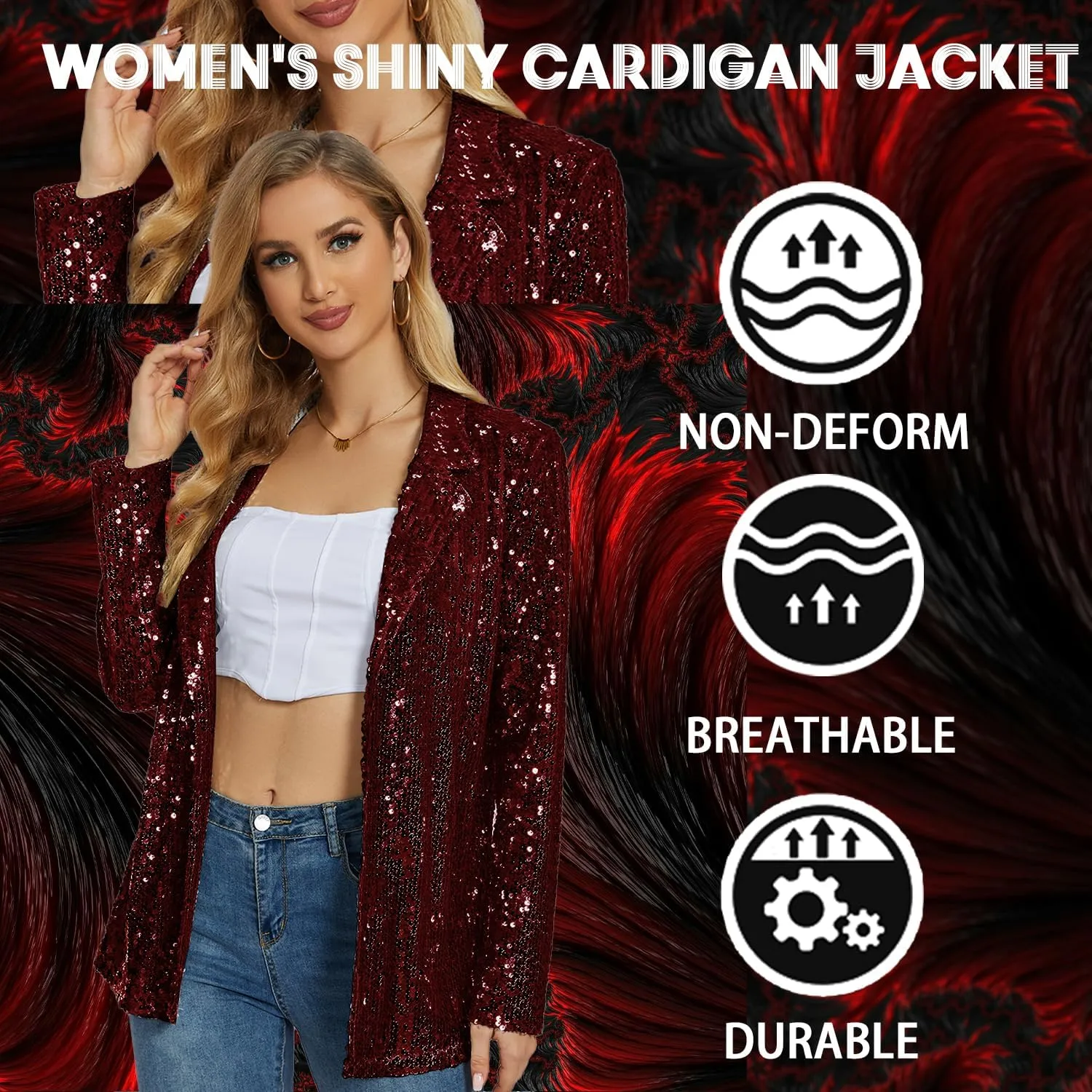 Ypser Women's Sequin Blazer Open Front Sparkle Jacket Glitter Coat for Evening Party