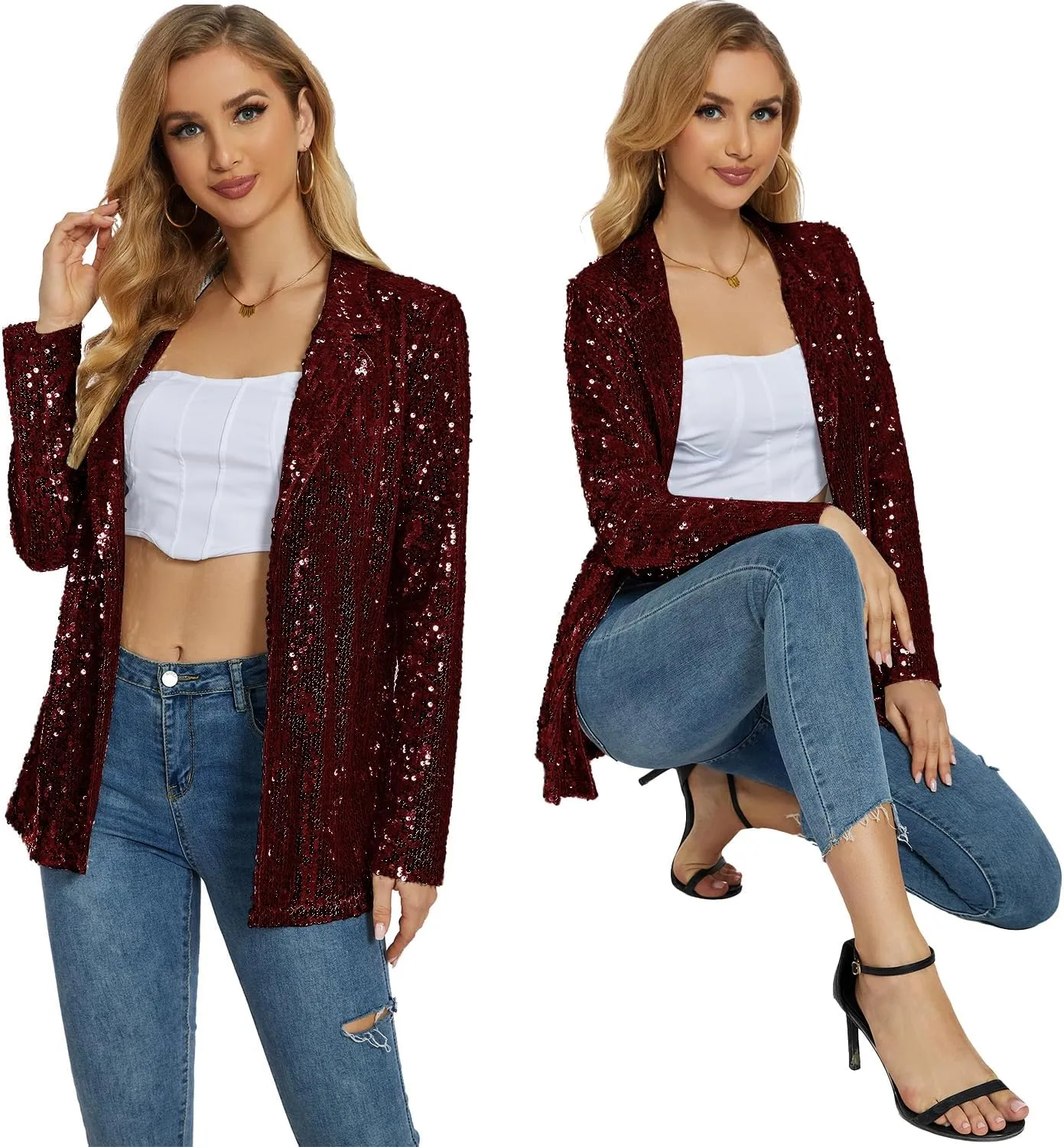 Ypser Women's Sequin Blazer Open Front Sparkle Jacket Glitter Coat for Evening Party