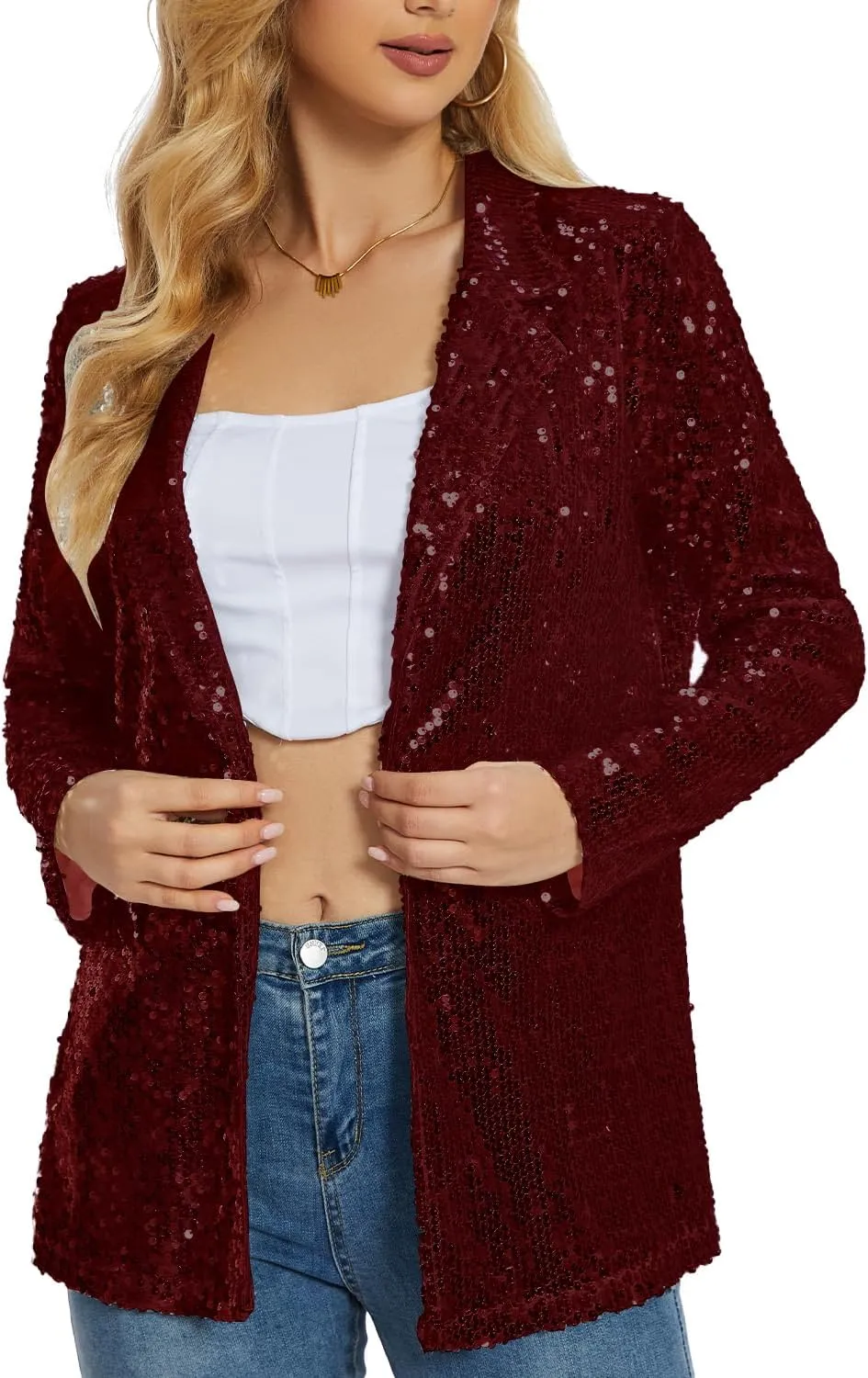 Ypser Women's Sequin Blazer Open Front Sparkle Jacket Glitter Coat for Evening Party