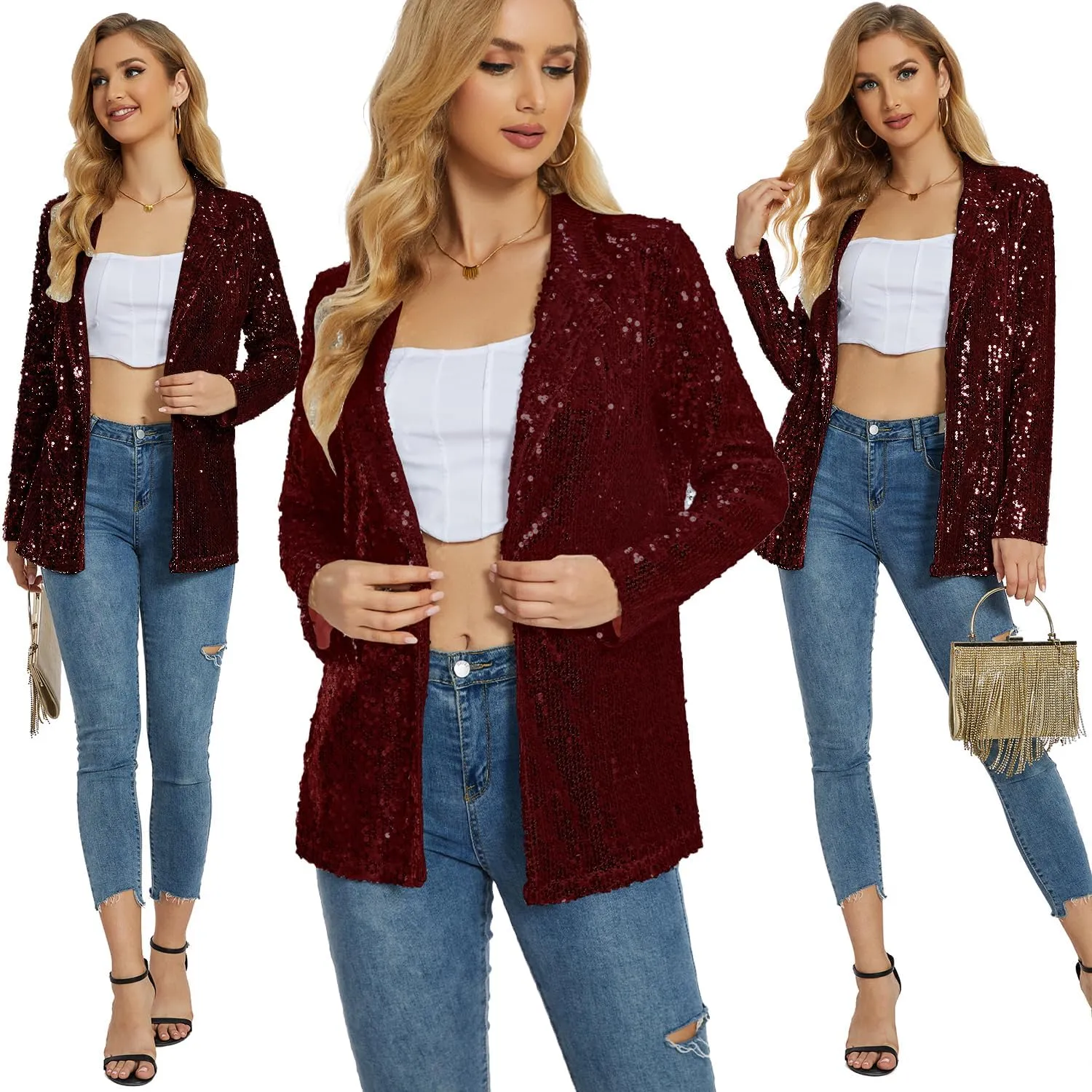 Ypser Women's Sequin Blazer Open Front Sparkle Jacket Glitter Coat for Evening Party